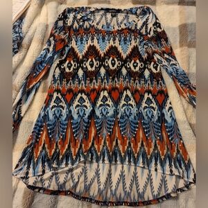 Karen Kane Mazatlan Ikat Print Long Sleeve Women's Top in Blue & Rust